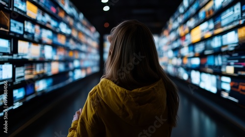 Exploring digital landscapes a visitor in a high-tech gallery of screens urban environment interactive art installation captured from behind