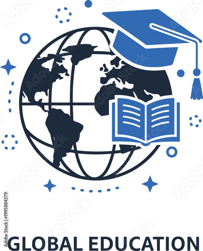 Global education concept with earth globe, graduation cap and open book, graduation symbol.