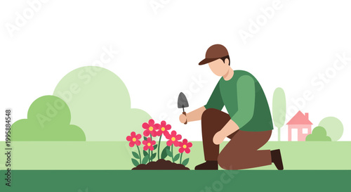 Gardener planting flowers in a garden, spring season, hobby, outdoor activity