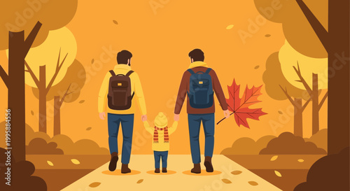 Gay couple walking with child in autumn park, holding hands, enjoying fall foliage