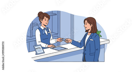 Efficient Hotel Check-in Process Vector Artwork A Friendly Receptionist Assists a Guest at the Front Desk, Completing Registration and Providing Key Information for a Smooth Stay