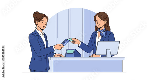 Vector Illustration of Hotel Check-in Process with Customer and Receptionist at Counter