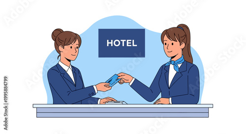 Dynamic vector illustration showcasing a personalized hotel check-in process, depicting a friendly receptionist assisting a guest at the front desk, symbolizing quality hospitality