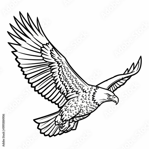 Eagle glides through the air with wings fully spread in this powerful black and white line illustration.