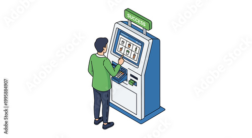 Isometric Vector illustration of a customer placing an order at an in-store self-service digital kiosk, showcasing a modern business solution for efficient retail operations and customer interaction