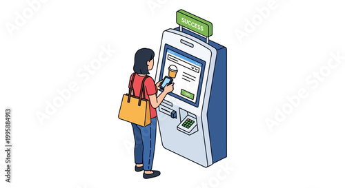 Vector illustration of a woman making a purchase at an in-store self-service kiosk, utilizing her smartphone for a seamless transaction experience
