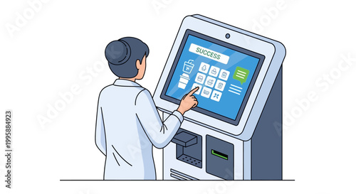Vector Illustration of a Healthcare Professional Using a Modern In-Store Kiosk for Ordering and Information Access