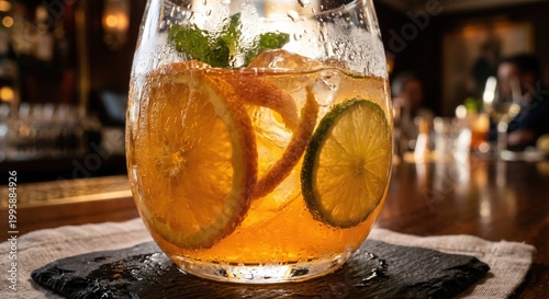Refreshing citrus cocktail with orange slices in a glass bar