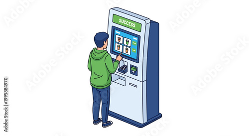 Modern self-service digital kiosk ordering experience with a user making a selection, presented as an engaging isometric Vector illustration