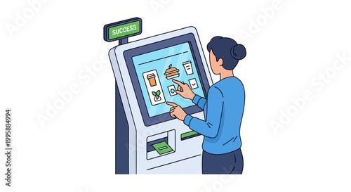 Vector illustration of a customer using a modern in-store self-service kiosk for quick and convenient food ordering, showcasing digital payment and efficient take-out service
