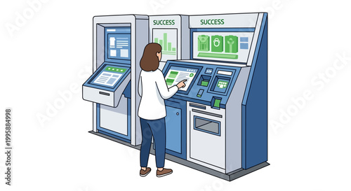 Vector illustration of a person interacting with a modern in-store kiosk for ordering services or making transactions