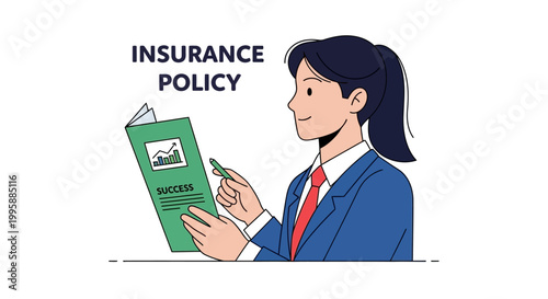 A vector illustration of a professional woman reviewing an insurance policy document, symbolizing success and financial planning