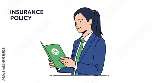 Vector illustration of a professional businesswoman examining an insurance policy document, highlighting financial planning and legal agreement details