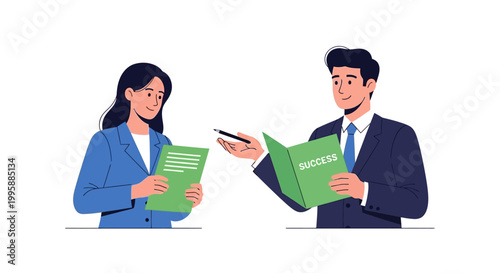 Vector illustration of two business professionals collaborating, discussing a successful strategy policy, and reviewing documents to achieve company goals and growth