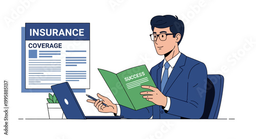 Strategic Vector illustration of a diligent professional analyzing financial protection documents and planning for future business success and risk management