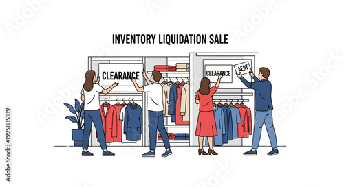 Vector illustration of a vibrant retail store holding an inventory liquidation sale, with shoppers eagerly browsing discounted apparel and staff organizing clearance items