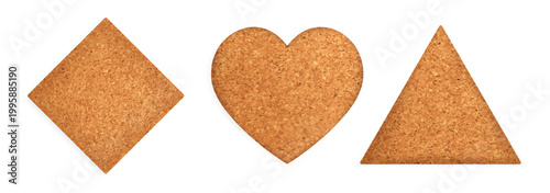 Cork bulletin board shapes vector illustration set with wooden frame and realistic texture, perfect for office memos, school notices, and pinboard displays in brown natural tones.