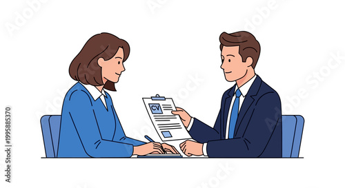 Vector Illustration of a Professional Job Interview Session with a Male Interviewer and a Female Candidate Filling Out a Form