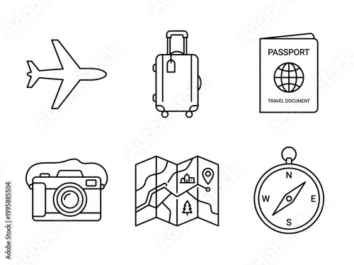 Set of travel icons including airplane, luggage, passport, camera, map, and compass on a white background