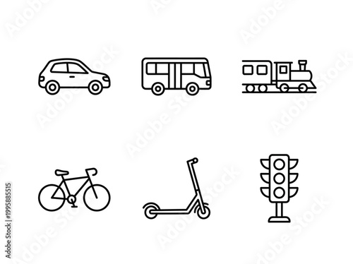 Collection of transportation icons including a car, bus, train, bicycle, scooter, and traffic light for design concepts