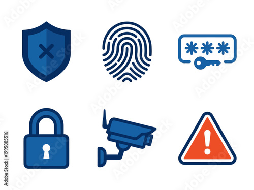 Set of security icons including shield with cross, fingerprint, password, padlock, surveillance camera, and warning sign