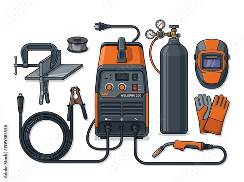 Set of tools and equipment for metal welding and fabrication, including a welding machine, gas cylinder, mask, gloves, and clamps