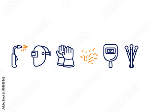Welding equipment icons on white background representing safety gear and tools for metalworking industry
