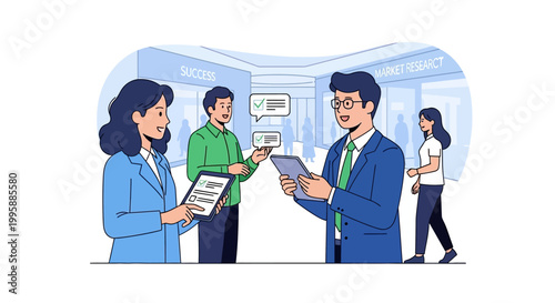 Vector Illustration Business Professionals Conducting Market Research and Customer Feedback Surveys, Analyzing Data for Strategic Business Development and Team Collaboration