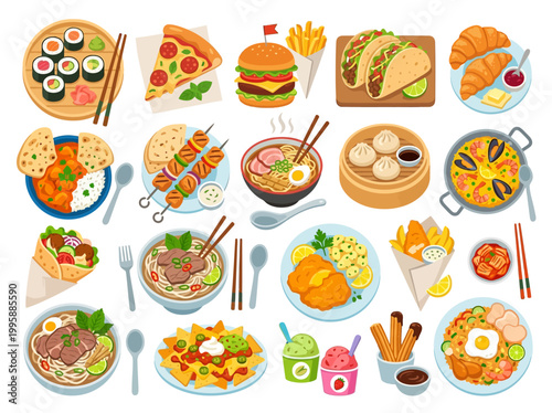 A vibrant and diverse collection of international cuisines and popular dishes from around the world, showcasing a culinary journey