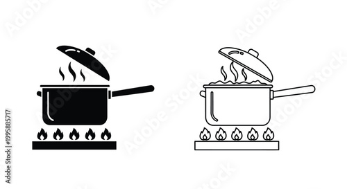 Minimalist vector illustration set featuring black and white icons of cooking pots with lids on stovetops demonstrating preparation of hot food for domestic kitchen use