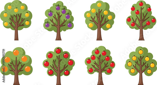 Cartoon Fruit Trees Set with Apple, Orange, Plum, and Citrus Trees for Garden and Orchard Vector Illustration.