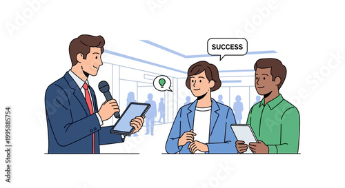Vibrant Vector illustration of a speaker addressing an audience, fostering insightful discussions on market research findings and strategies for achieving business success