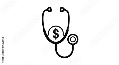 Professional vector illustration of a stethoscope combined with a dollar sign symbol representing medical finance concepts for healthcare business analysis and cost of patient care
