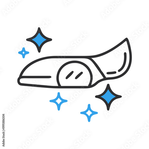 Car cleaning icon representing shiny headlights, minimalistic style, blue accents
