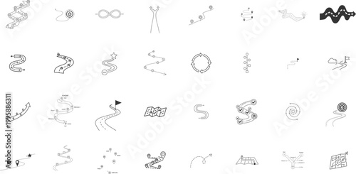 Collection of Roadmap icon, journey path, navigation route, roadmap illustration, direction arrows, travel path, business process flow, timeline steps, location pins, progress tracking, editable set