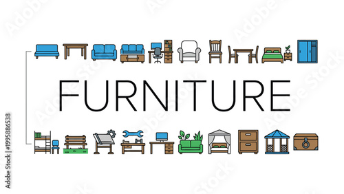 Collection of various furniture items and household objects for interior design and decoration purposes