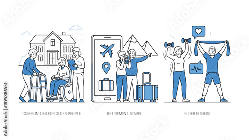 Elderly people communities retirement travel and fitness activities for seniors illustration