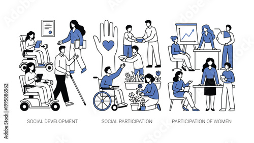 Illustration of people with disabilities and women participating in social activities and development