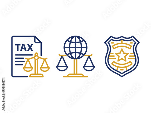 Law enforcement tax justice and global security icons with scales of justice isolated on white background
