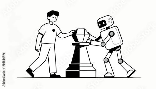 Human and robot collaboration in strategic gameplay, chess piece manipulation, and artificial intelligence partnership