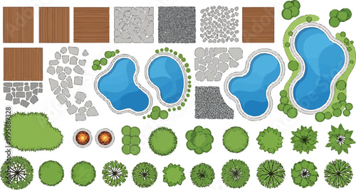 Top View Landscape Design Vector Elements Set with Swimming Pools Trees Wooden Decking and Stone Paving Textures