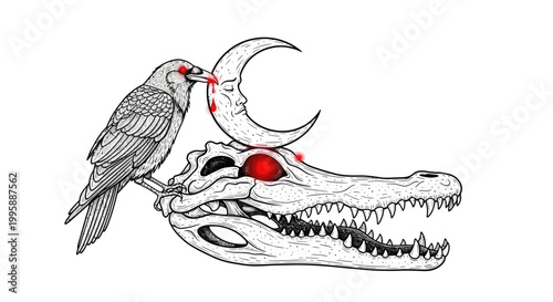 Mysterious Crow Perched on Alligator Skull Under Crescent Moon