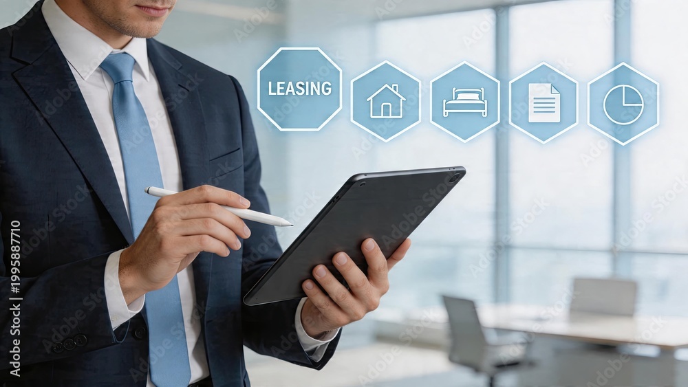 Fototapeta premium Businessman holding tablet digital leasing process interface modern office background corporate technology concept real estate investment management secure cloud storage financial