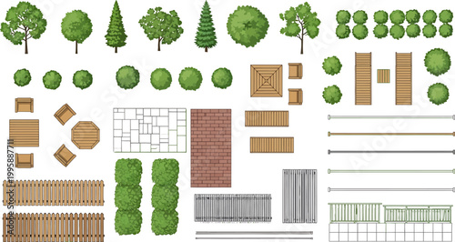 Top View Landscape Design Vector Elements Set with Trees Furniture Fences and Paving for Garden Planning