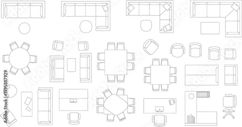 Collection of minimalist furniture symbols for architectural floor plans featuring sofas tables chairs and office desk layouts