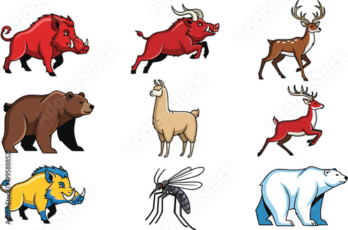 Wild and Fantasy Animals Set with Boar, Deer, Bear, Llama, Polar Bear, and Insect for Vector Illustration.