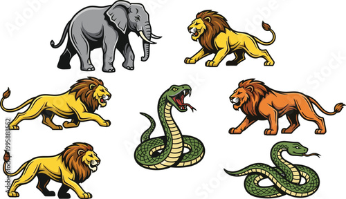 Wild Animals Illustration Set with Lion, Elephant, and Snake in Dynamic Poses for Safari and Wildlife Design.
