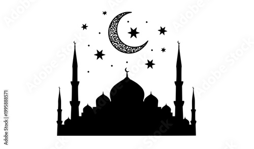 Islamic mosque silhouette with crescent moon and stars Ramadan background vector design