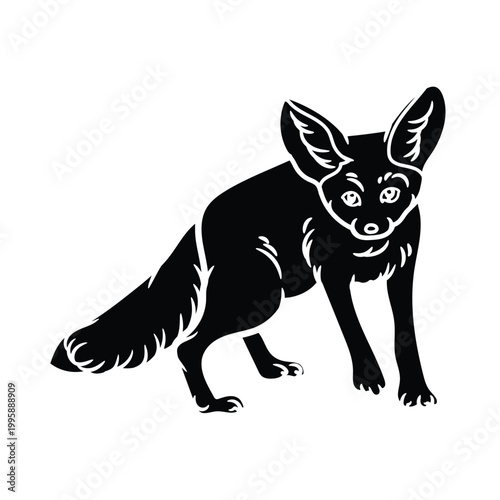 A stylized black and white illustration of a fennec fox standing on all fours Vector
