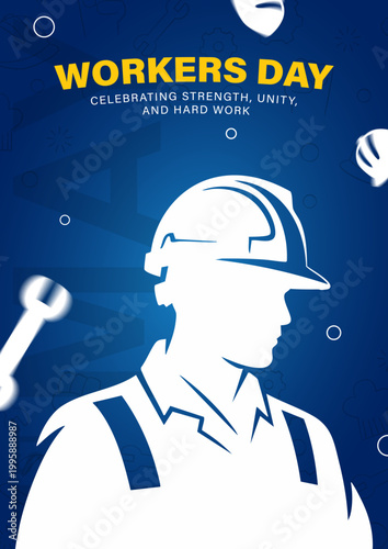 Workers Day Celebration Poster with Silhouette, Labor Day Greeting with Hard Hat and Tools, Industrial Worker Unity and Strength Illustration, International Workers Day Blue Concept Vector